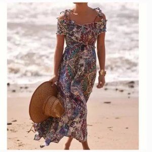 NWT Anthropologie | Blue Tan Smocked Gauze Criss-Cross Paisley Print Maxi Dress